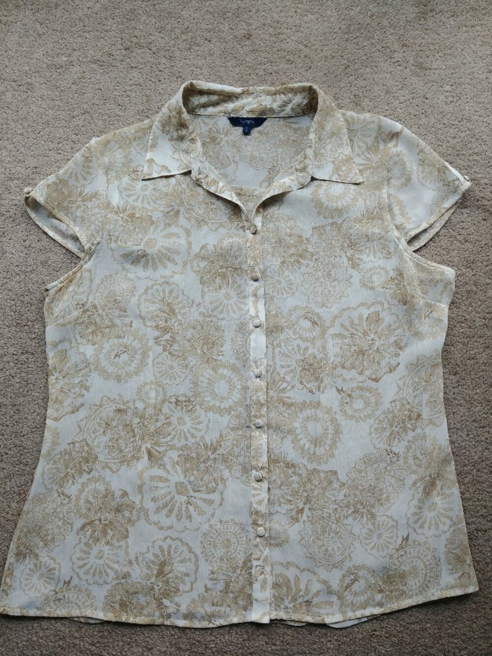 Reitman's Sheer Beige Floral Blouse , Cap Sleeves, Button Up, Size Large